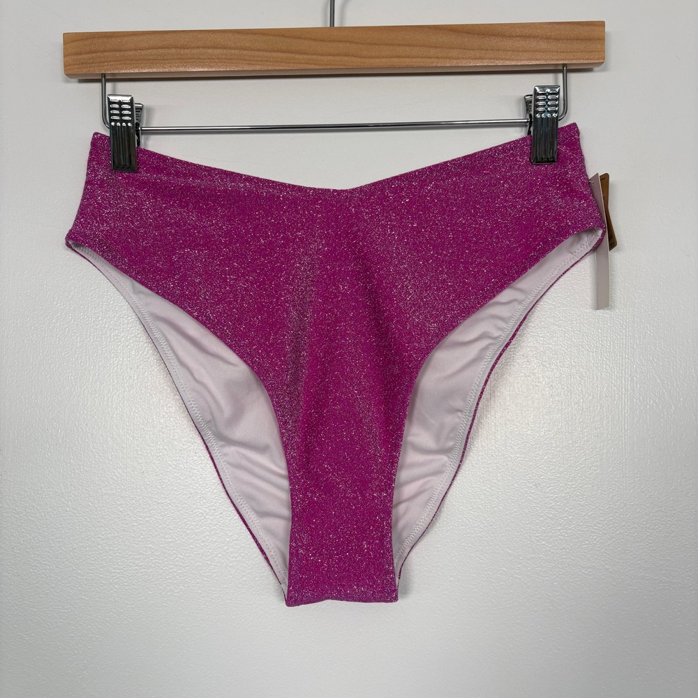 PINK Women Bikini Bottom Small Purple Metallic High Waist V-Front Shimmer 112183